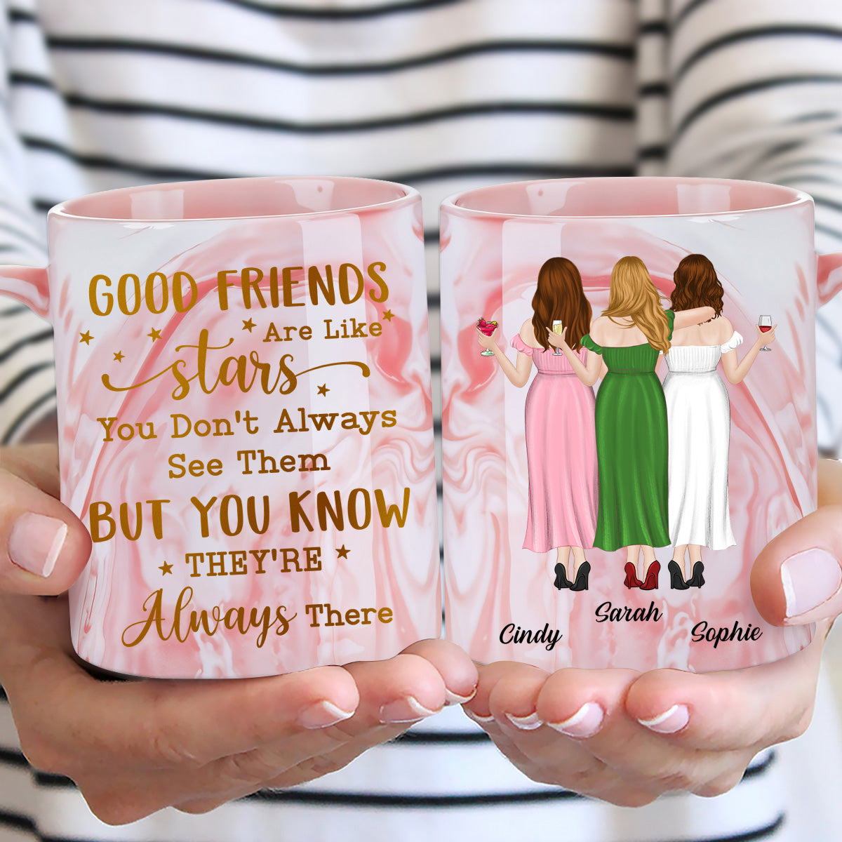 Custom Best Friend, Christmas & Birthday Friendship Keepsake Gift • Friends We Never Walk Alone - Personalized Pink Marble Mug
