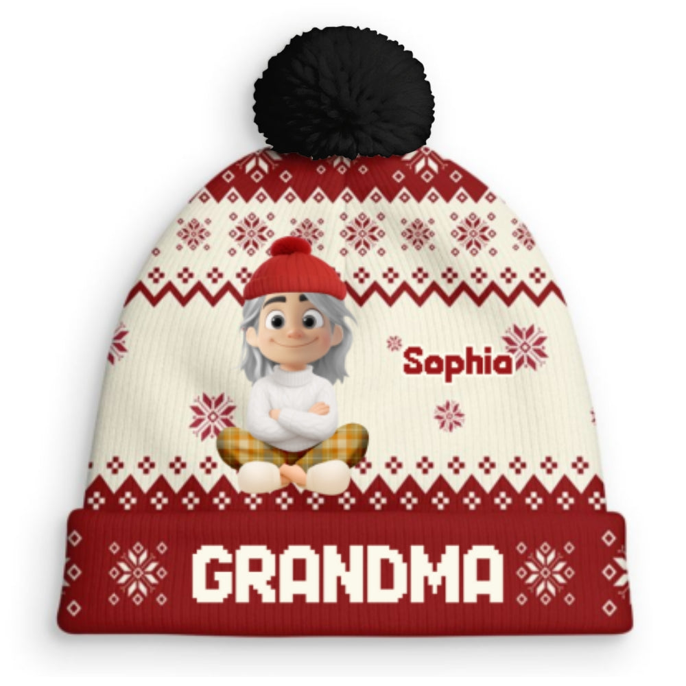 Custom Grandma Christmas Winter Hat • My Grandkids Are Ahead All - Personalized Bobble Beanie Hat