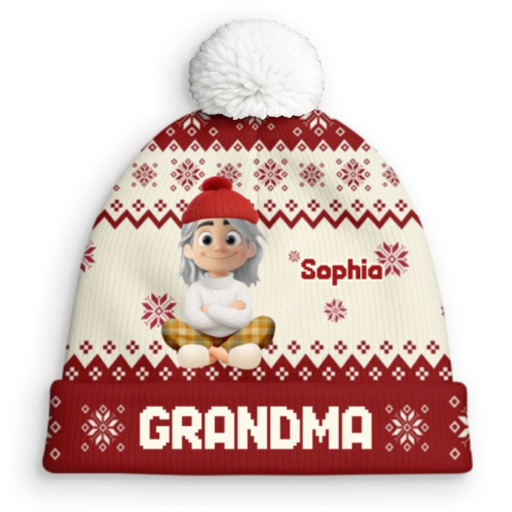 Custom Grandma Christmas Winter Hat • My Grandkids Are Ahead All - Personalized Bobble Beanie Hat