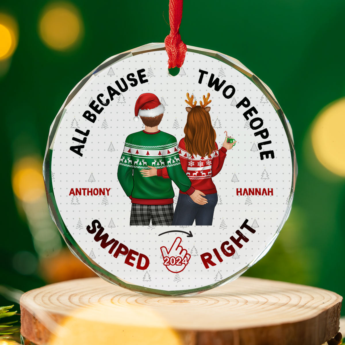 Custom Couple Christmas Ornament, Anniversary Gift •  Christmas Swiped Right - Personalized Glass Ornament
