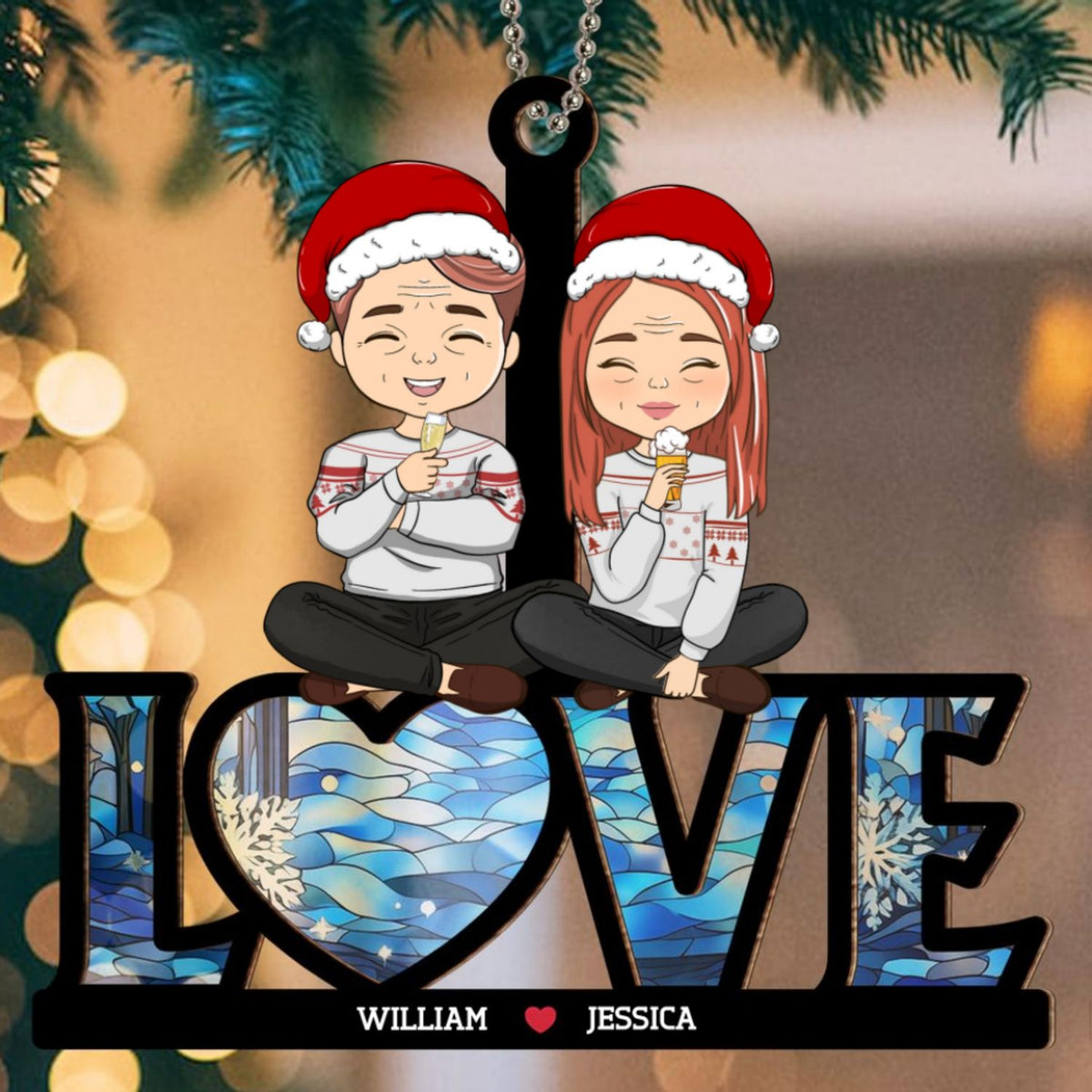 Custom Couple Christmas Ornament, Anniversary Gift •  Couple Sitting Together - Personalized Suncatcher Ornament