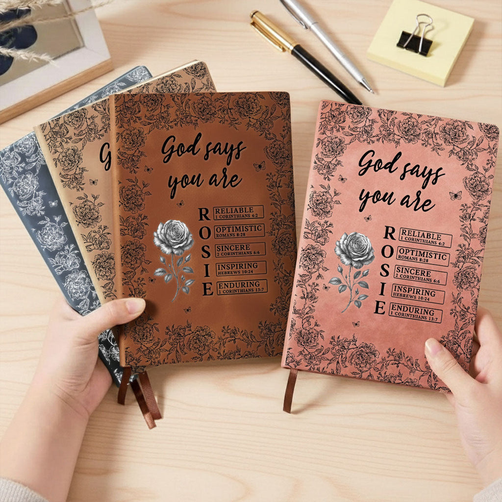 Custom Birth Flower & Name In Bible Verse Notebook • God Says I Am - Personalized Leather Journal