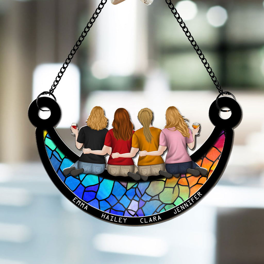 Custom Hanging Decor, Birthday Housewarming Gift • Besties Sitting On The Moon - Personalized Suncatcher