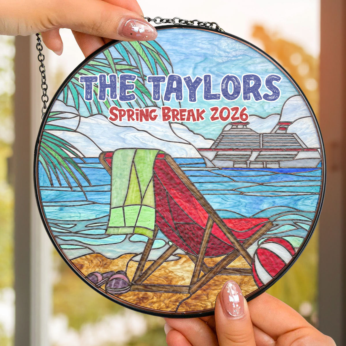 Custom Name Family Name Hanging Decor, Christmas Birthday Gift • Seas the Day Together - Personalized Stained Glass Window Hanging Suncatcher