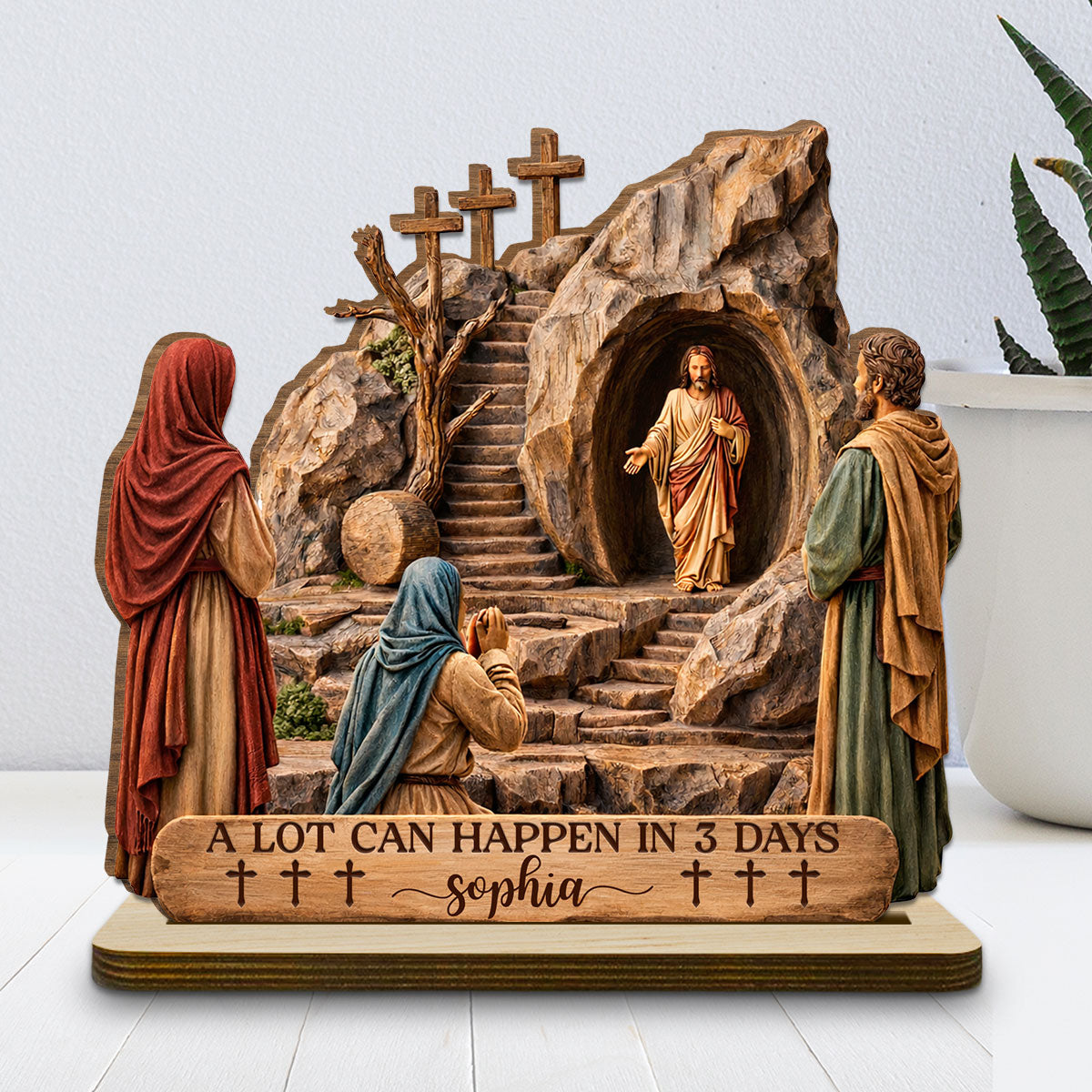Custom Decor, Christmas Birthday Anniversary Gift Keepsake • Risen Savior - Personalized 2-Layer Wood Plaque With Flat Base
