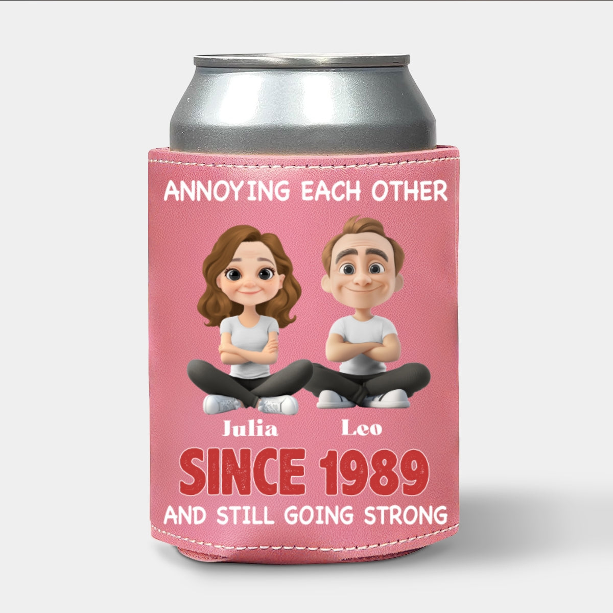 Forever In Love - Personalized Pink Leather Can Cooler Holder