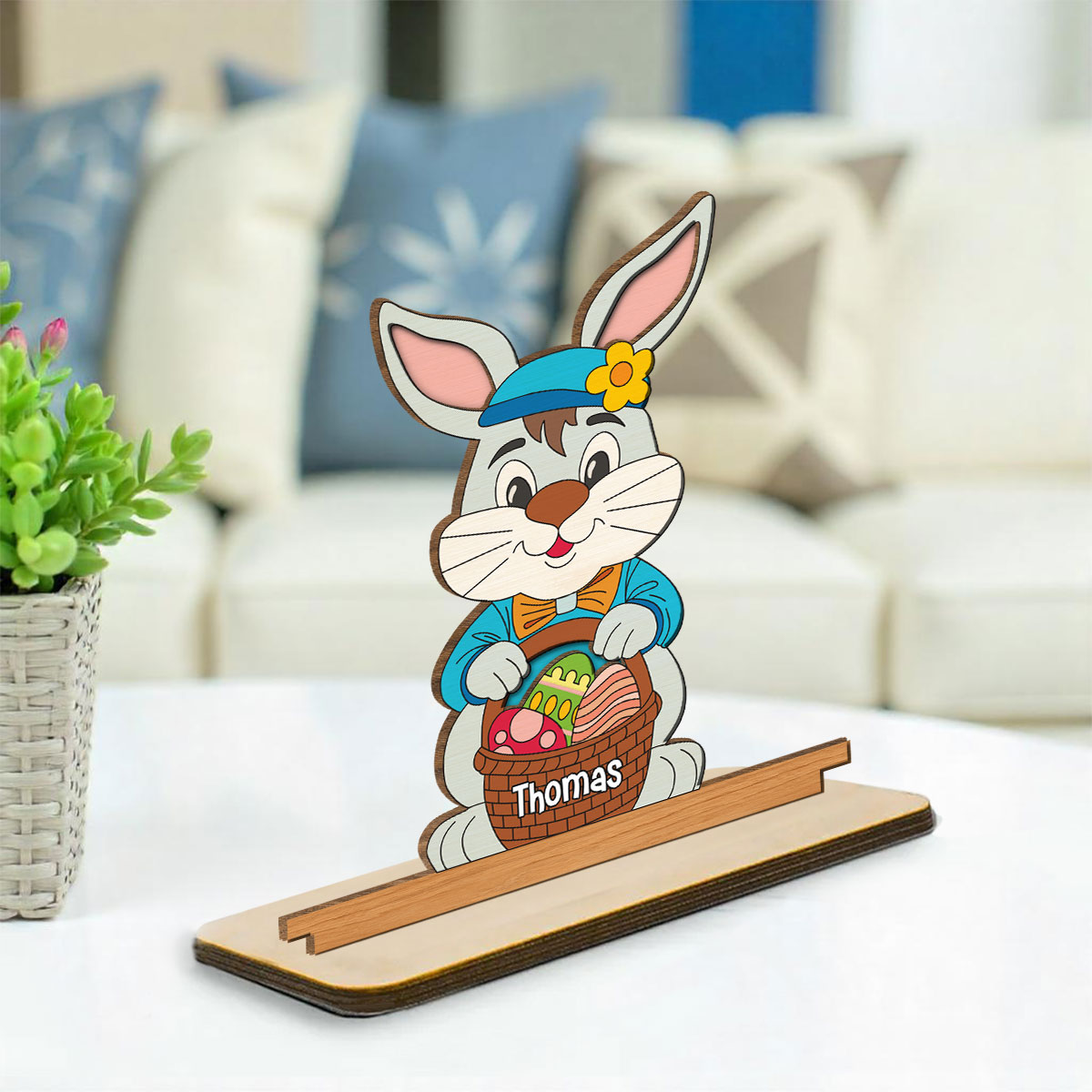Custom Family Decor, Christmas Birthday Family Keepsake • Spring Bunny Surprise - Personalized 2-Layer Wood Plaque With Flat Base
