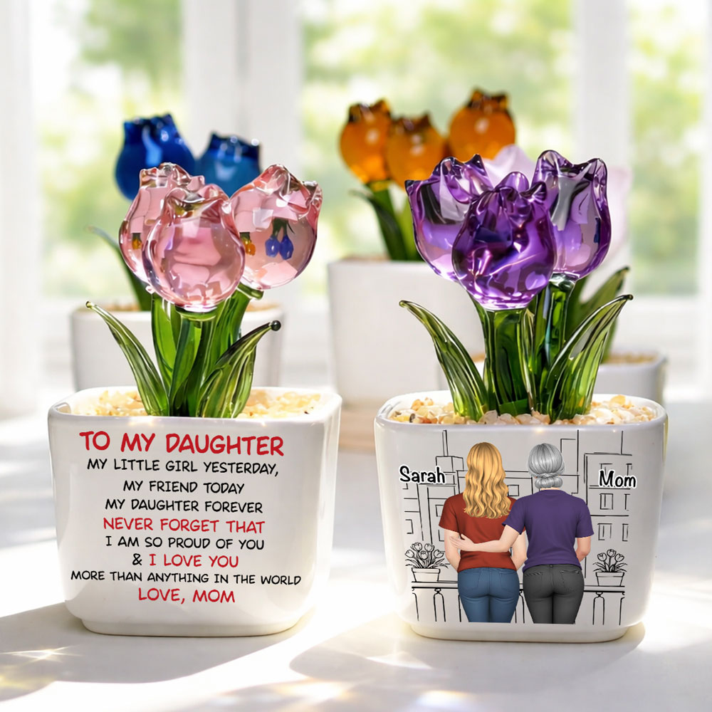 Custom Flower Keepsake, Meaningful Glass Home Decor Gift • Mom And Daughter Forever Back View - Personalized Glass Everlasting Tulips