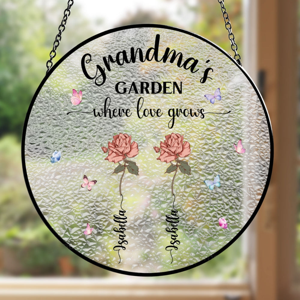 Custom Name Grandma Hanging Decor, Mother's Day Birthday Gifts • Our Love Grows Here - Window Hanging Suncatcher