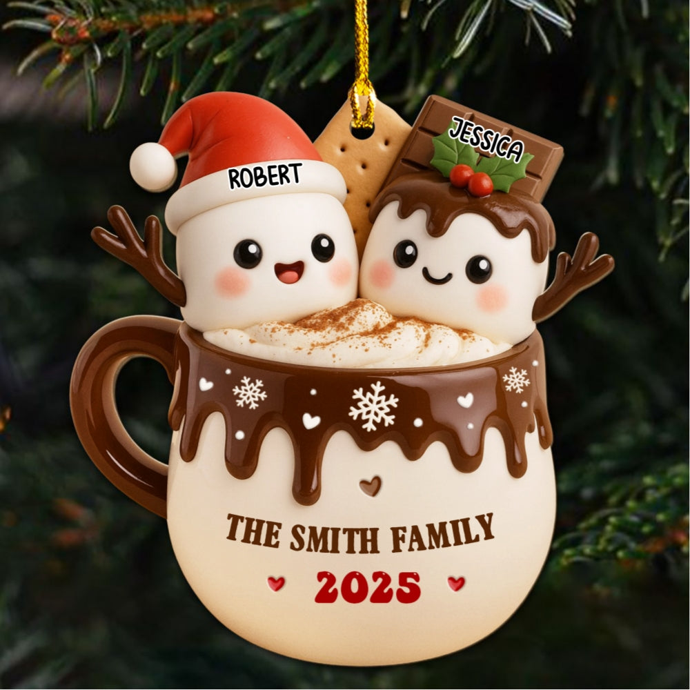 Custom Family Ornament, Christmas Gift for Family Members •  Marshmallow Family Hot Cocoa - Personalized Wood Ornament