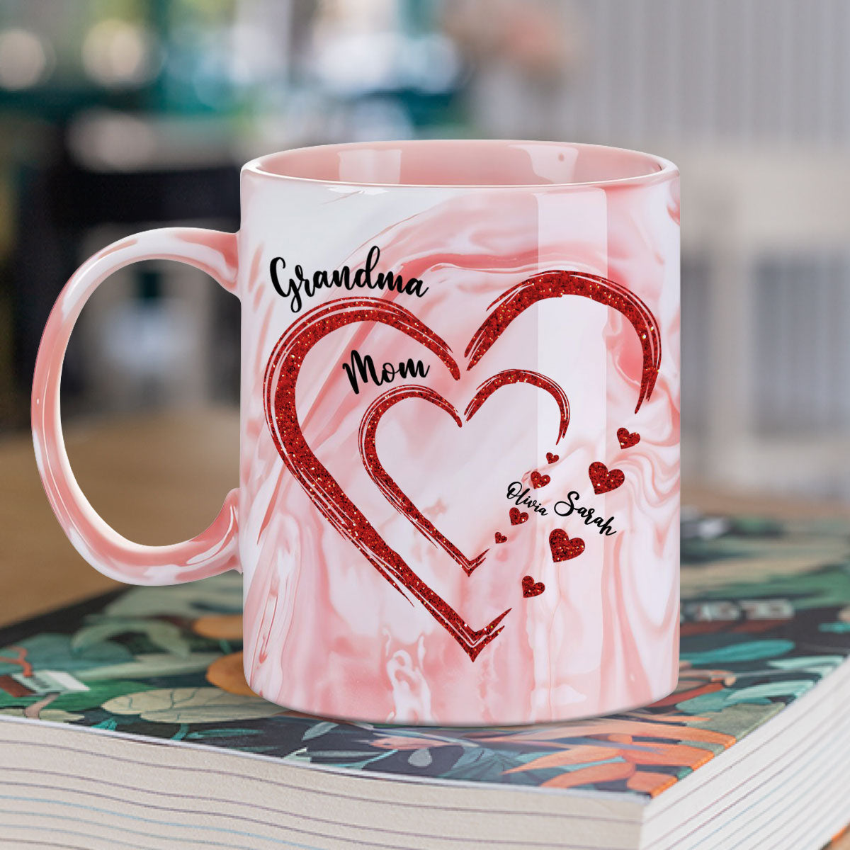 Custom Christmas & Birthday Gift For Grandma • Mom Grandma Sweethearts - Personalized Pink Marble Mug